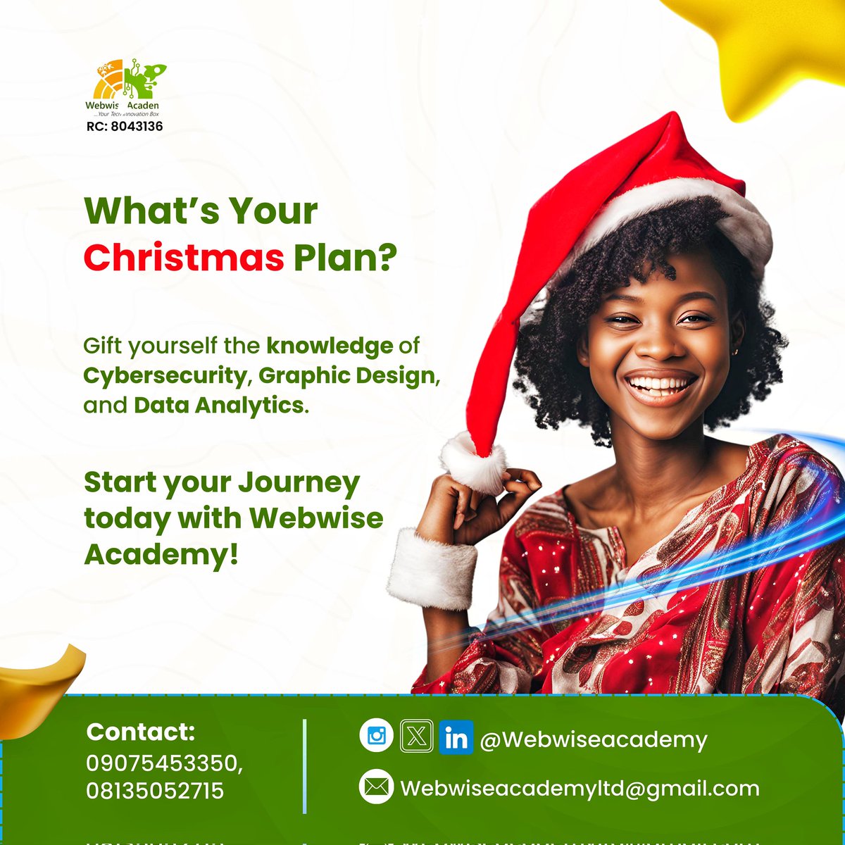 webwiseacademy's tweet image. Want a Christmas gift that keeps on giving? Invest in YOURSELF with Webwise Academy!
#CyberSecurityLagos #cloud #cloudcomputing #dataanalysis #sql #python #powerbi #excel #projectmanagment #graphics #ai #motiongraphics #animation #datascience #TechCommunity #networksecurity #code