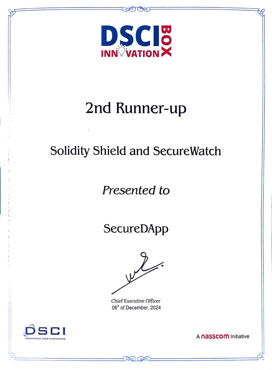 Secure_DApp's tweet photo. 🚀 Securing the Future of Web3 🛡️

SecureDApp's SecureWatch & Solidity Shield are honored as Top 3 Innovative Cybersecurity Products of 2024 at AISS 2024 by @DSCI_Connect 🌐

Shaping the future of Web3 with cutting-edge security solutions 🛡️