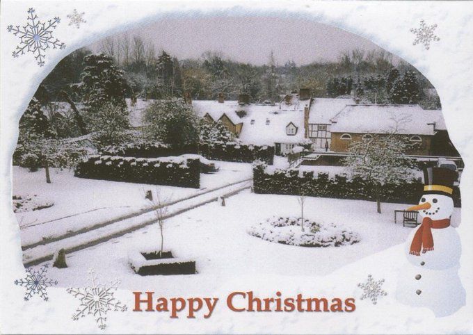 Here is another Christmas card from our #WestBerks collection. This one, given in December 2007, captures a snowy view of Abberbury Close, Donnington. These almshouses were built by Henry Hartley Russell in 1938. Image of NEBYM:2008.15.1, image courtesy of West Berkshire Museum.