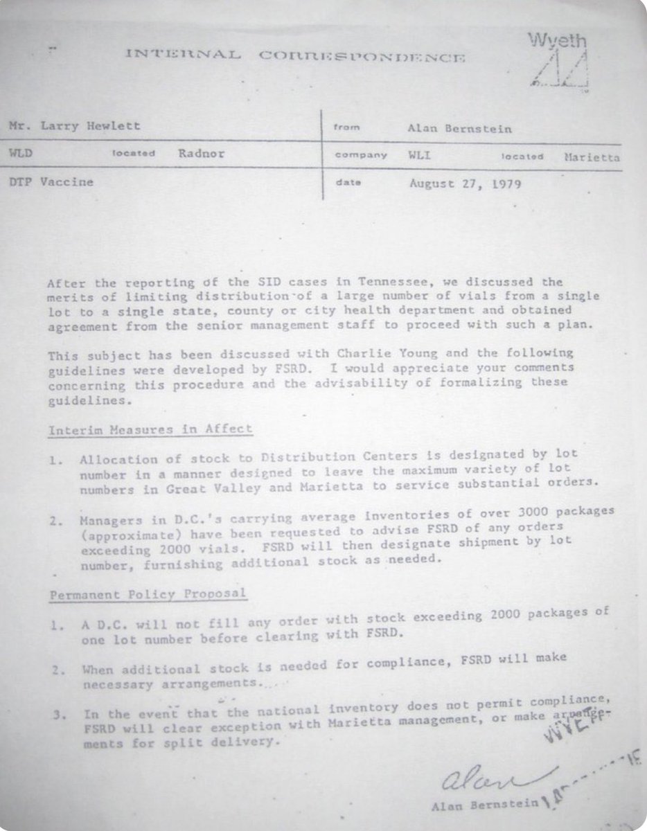 kacdnp91's tweet photo. In 1979, eleven babies died of SIDS in one county in Tennessee.
They all had received the same vaccine from the same batch at around the same time.

Rather than recall the vaccine pending an investigation, they covered it up and also ordered all future batches to be spread out across the country, so that more cases could not be deemed related. 

On October 15, 2009 Pfizer signed the final acquisition papers making Wyeth a wholly owned subsidiary of Pfizer, thus completing the US$68 billion dollar deal.