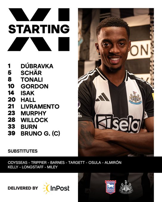 Newcastle United v Ipswich Town: Dúbravka, Schär, Tonali, Gordon, Isak, Hall, Livramento, Murphy, Willock, Burn, Bruno G. 