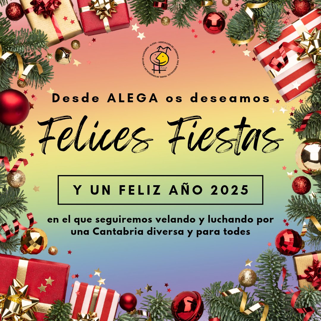 AlegaCantabria's tweet photo. 🎆 Terminamos este 2024 felices de haber contado con vuestra participación en nuestras actividades, eventos y reivindicaciones.

🥂 Por ello que queremos felicitaros las fiestas y desearos un feliz año a todas les que seguís luchando y velando por una Cantabria segura y diversa🌈 https://t.co/5MPTZjvx4f