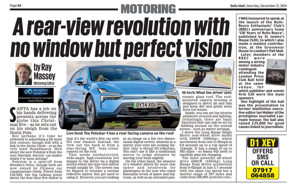 Why Polestar 4 is a rear-view revolution with no window but perfect vision 
Read me ⁦<a href="/DailyMailUK/">Mail+</a> <a href="/MailOnline/">Mail Online</a>
⁩ <a href="/PolestarCars/">Polestar</a> <a href="/KimmyPsWorld/">Kim Palmer</a> 
#Polestar #Polestar4 #innovation #technology #Christmas #motors #Automotive 
Online click: dailymail.co.uk/money/cars/art…