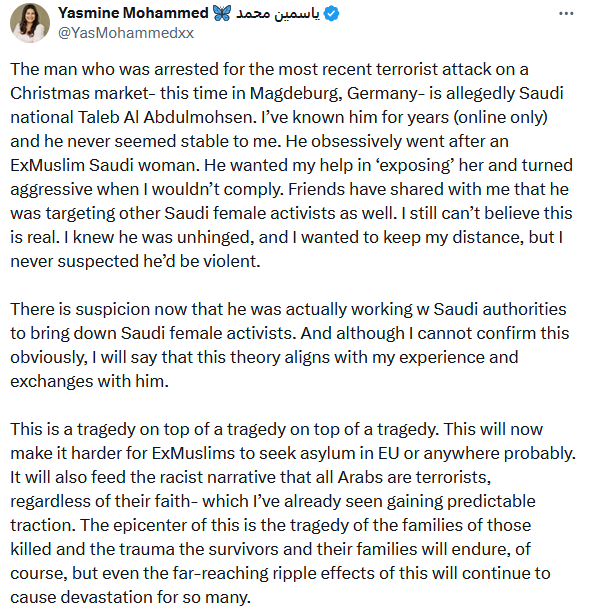 VolkRegeert's tweet photo. steeds meer bewijs dat de dader van aanslag #kerstmarkt een fanatiek #moslim was en links maar wat uit nek lult om boel nog proberen te redden

#Magdeburg #aanslag #duitsland #allahuakbar Saoedi-Arabië #arabier #islam #islamterreur #AfD https://t.co/X9EVw3X5Qc