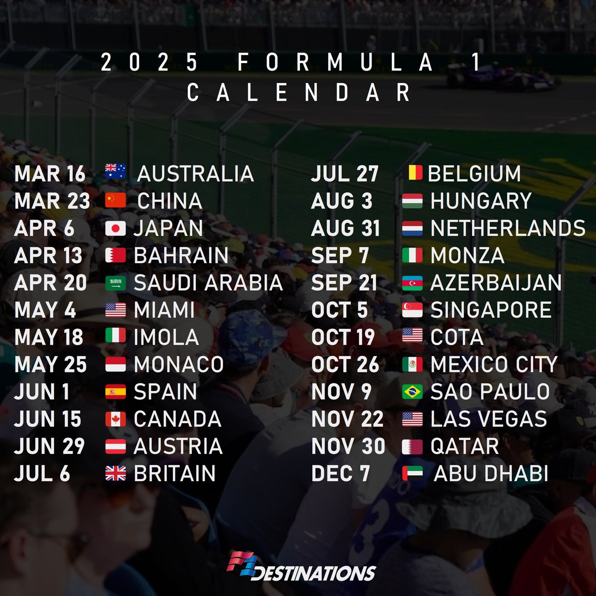 GPDestinations's tweet photo. Happy New Year! 24 Formula 1 race weekends await in 2025. Which one(s) are you heading to? #F1 https://t.co/4pqv7FWZF2