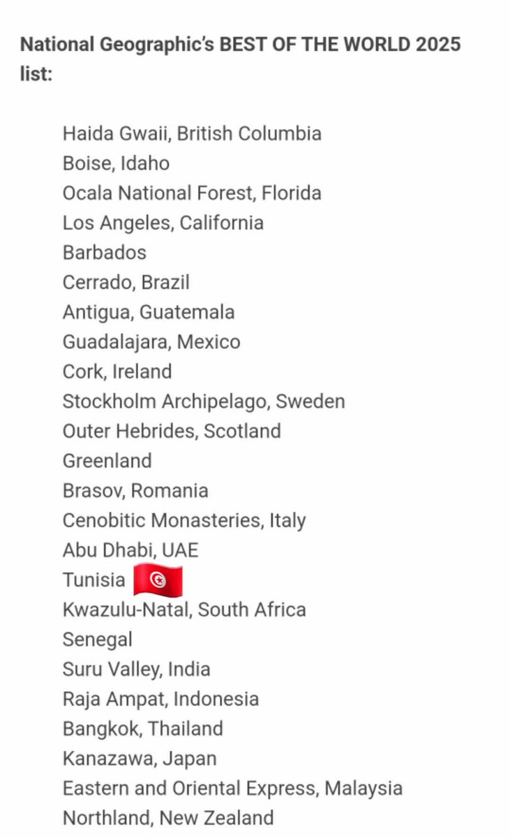 #تونس 🇹🇳 ضمن قائمة ناسيونال جيوغرافيكNAT GEO لأفضل 25 بلد يمكن السفر إليه سنة 2025.
#ثريد