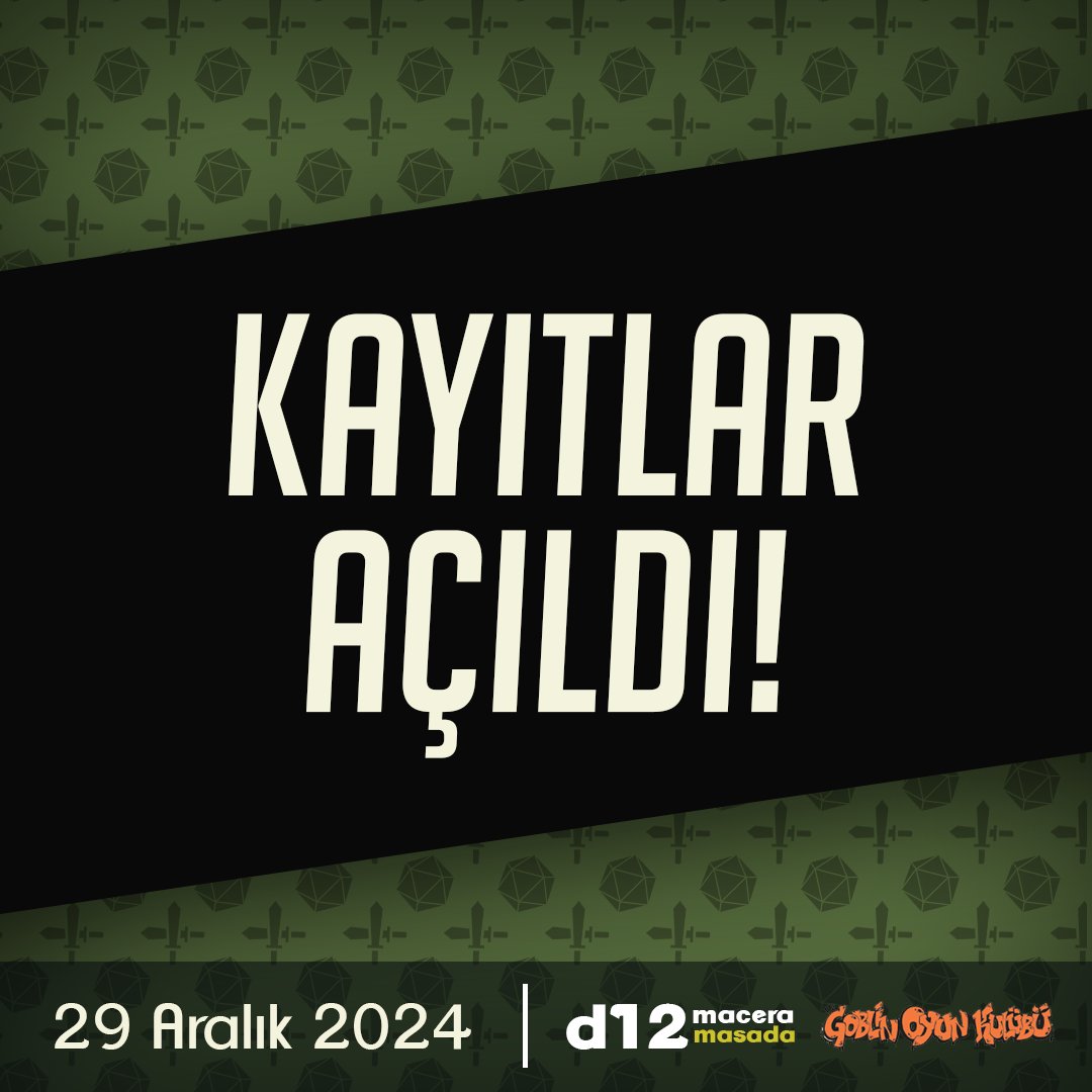 🎲 Maceracılar, kayıtlar herkese açıldı!
29 Aralık Pazar günü Goblin Oyun Kulübü’nde birlikte destan yazmaya hazır mısınız? 

Masalar dolmadan hemen yerinizi ayırtın: d12macera.com/d12masada