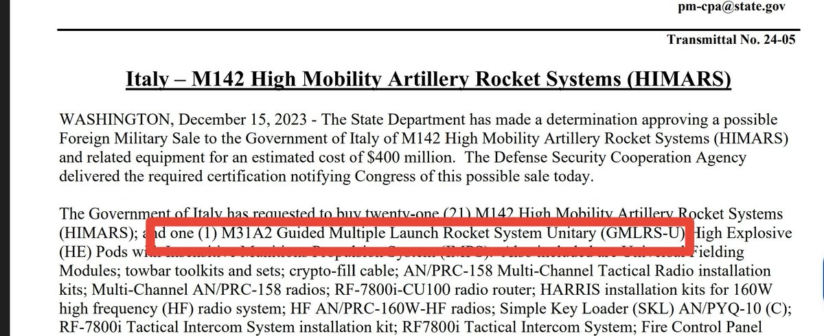 S_Moha38's tweet photo. @DefenseAtlas009 DSCA notifications don't always reflect the full picture. Clients can buy more munitions later without a new notification. Like Italy's HIMARS order with just 1 GMLRS missile – they'll get more. #DSCA #armsales https://t.co/1XlxMr5vXG
