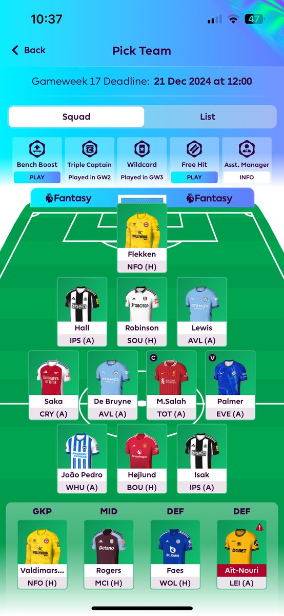 #GW17 

📉 746k - the downfall has been a disaster. I was 23k on #GW7😭

Watkins - Bowen
             ⬇️
KDB - Hojlund

Not performing well so at least let’s have some fun with the FT 😘

GL ! 

#FPL 
#FPLCommunity