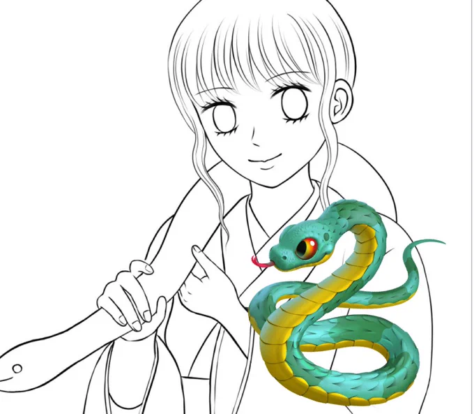 今年はもう新規の漫画もイラストもアップ出来ないですけど、お正月にアップするイラストを年内に完成させて、描き納めにしようと思います。私の長女が巳年なので、長女をモデルにしたイラストです 
