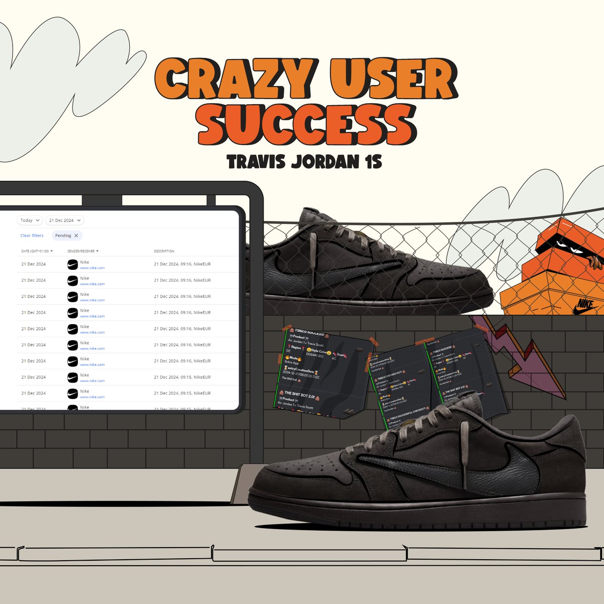 🔥TRAVIS JORDAN 1 SUCCESS GIVEAWAY 🔥
TSB fam scored a SH!T LOAD of Travis' AJ1s💩
1 user alone, COOKED 42 pairs, so why haven't you joined us yet?

Repost to Win a Key! 🔄