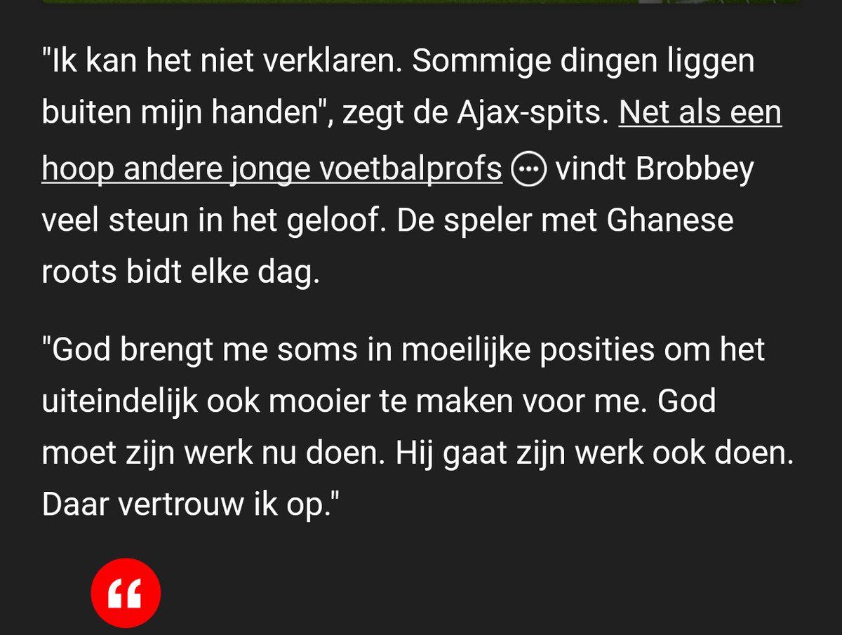 Opvallend.

Van de 900 NOS-artikelen over/met Brobbey, is dit het eerste waar de NOS de behoefte voelt zijn Ghanese roots te benoemen.

Alsof het geloof in God en dagelijks bidden iets on-Nederlands is wat door iemands afkomst verklaard moet worden.

nos.nl/l/2549148