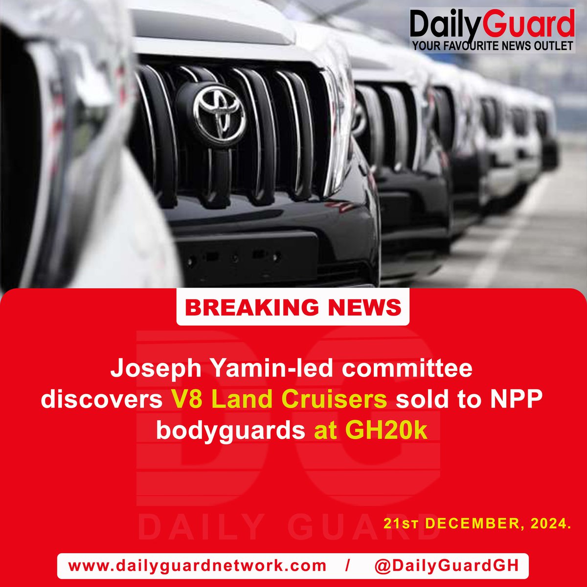 DailyGuardGH's tweet photo. Joseph Yamin-led committee discovers V8 Land Cruisers sold to NPP bodyguards at Gh¢20k

Alukyi      dr. likee        Dampare 
Scanty       Afua Asantewaa
Akabenezer      Alan https://t.co/THblziOD6d