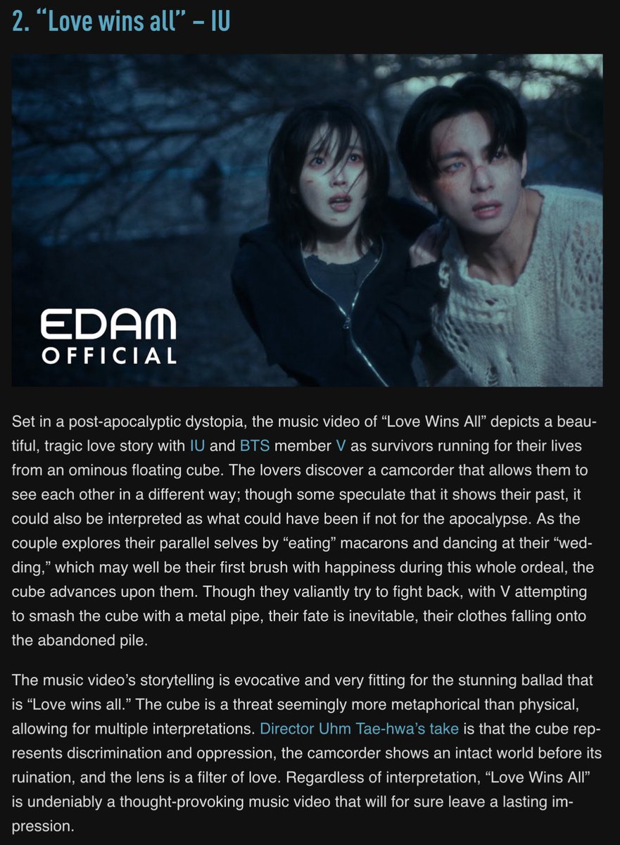 Genius Korea가 선정한 Best K-Pop Music Videos of 2024에서 뷔가 함께 출연한 아이유의 ‘Love Wins All’ 뮤비가 2위에 선정되었습니다.

뷔X아이유 IUV 축하합니다
CONGRATULATIONS V
CONGRATULATIONS IU