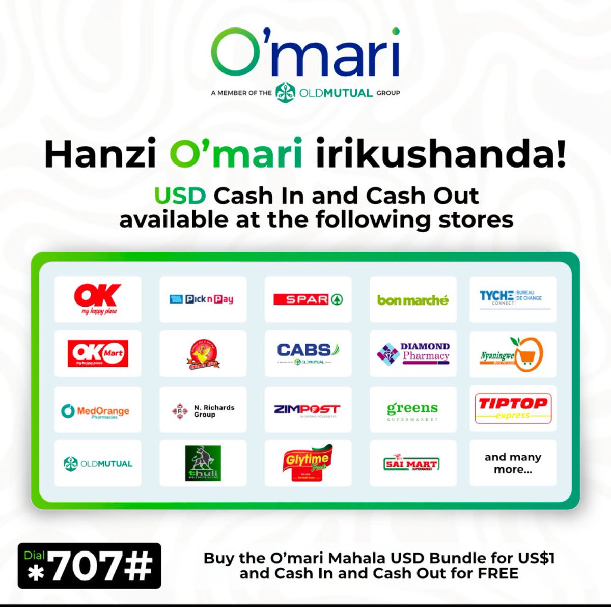 Don't get stranded this festive season, O'mari has got your back! Cash In and Cash Out at any OK, TM PnP, Spar, Chicken Slice, CABS, Diamond Phamarcy and many more this holiday. #MwanaWesekuO'mari