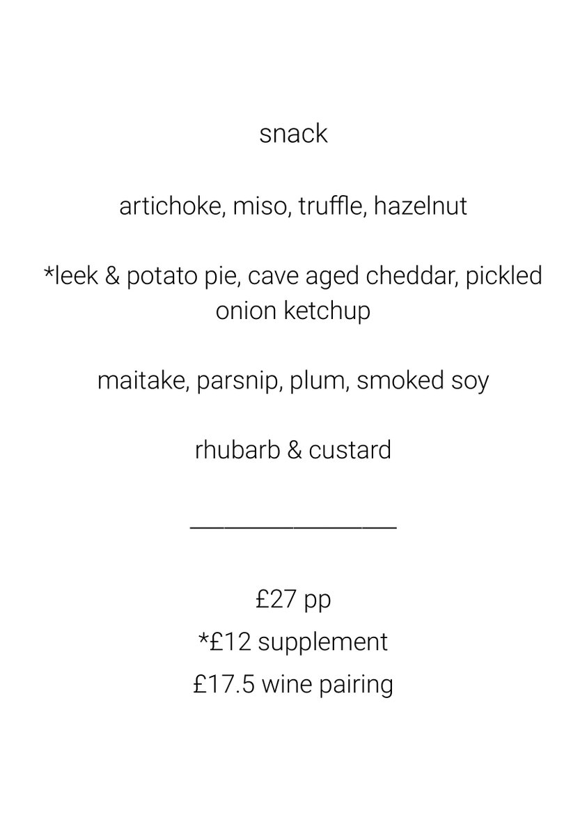 our next menu.

this one runs 8th january - 15th february.

beat the january blues with flavours of truffle, miso, monkfish, hen of the woods &amp; elvis presley's favourite sandwich (not all on the same plate, lol)