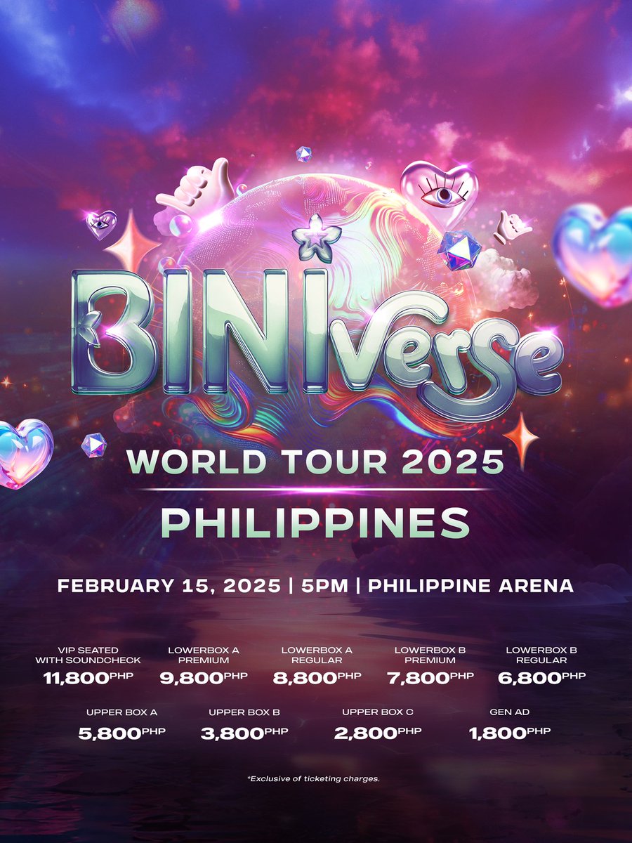 StarMusicPH's tweet photo. BLOOMs, here's the ticket prices and seat plan you've been waiting for the BINIverse World Tour 2025 kick-off in Philippine Arena! 🌸

📆 02.15.2025 (SAT)
⏰ 5PM
📍 PHILIPPINE ARENA

🌐 BINI GLOBAL MEMBERSHIP PRESALE: December 27 
🌸GENERAL ONSALE: December 28
Ticket site: https://t.co/EluNLNfUF2

#BINIVerseWorldTour2025 #BINIWT2025 #BINIWorldTour #BINIWTPh