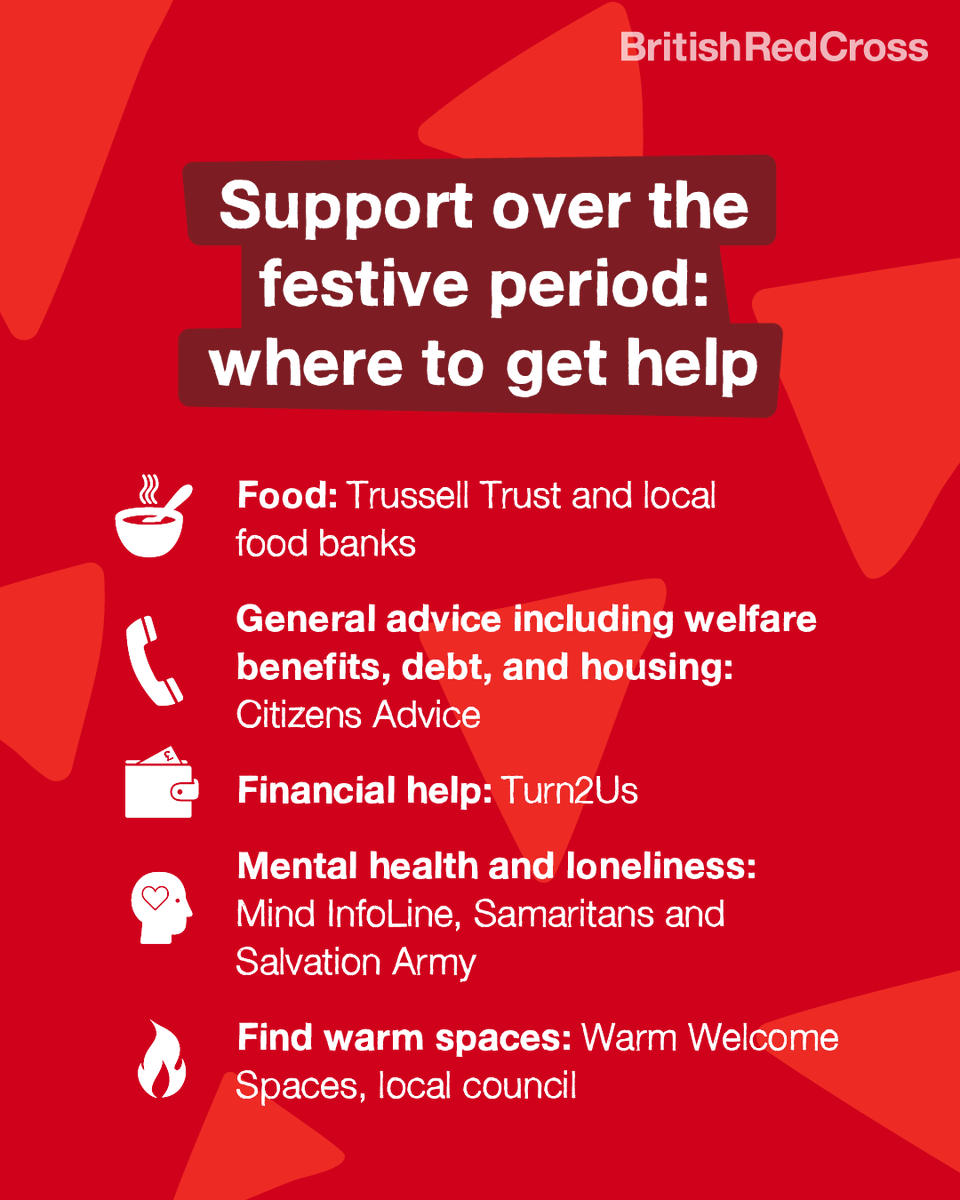 BritishRedCross's tweet photo. If you or someone you know needs support this festive season, help is available. You can find advice and a list of useful support organisations on a range of topics on our website.
 
Reach out to your community or contact us for guidance. ❤️

Get help > https://t.co/oYSx2k0hvY https://t.co/yN0racaEw0