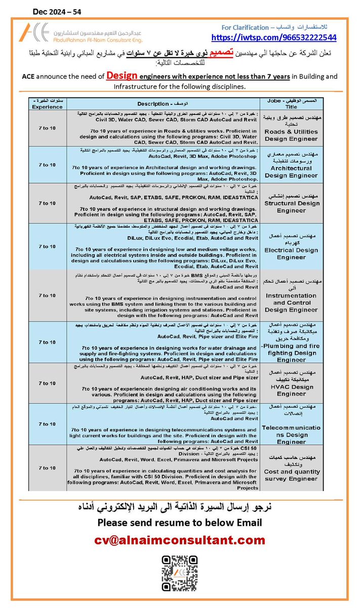alnaimcons's tweet photo. تعلن الشركة عن حاجتها الي مهندسين تصميم ذوي خبرة لا تقل عن 7 سنة
 
ACE announces the need of Design Engineers with experience not less than 7 years
 
Email
cv@alnaimconsultant.com
 
(الأولوية للمهندسين السعوديين أو المقيمين بالمملكة)
#وظائف https://t.co/NlkVrcmBAg