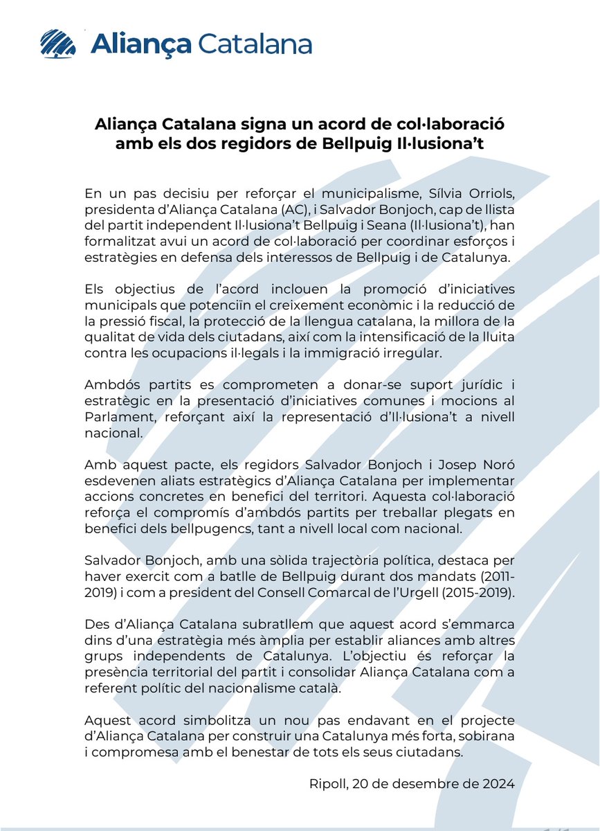 CatalunyaAC's tweet photo. Signem un acord de col·laboració amb els dos regidors de Bellpuig Il·lusiona't per coordinar esforços en defensa del municipalisme, la llengua catalana i la sobirania nacional. 
💙#SalvemCatalunya https://t.co/BOxTIAA9zU