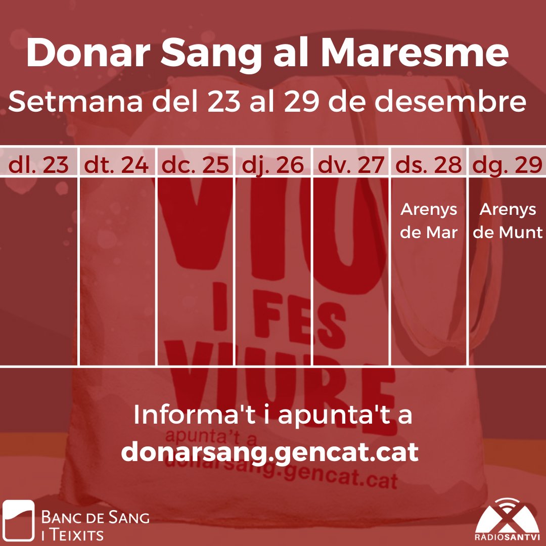 📆 Calendari Setmanal - Donar Sang al Maresme

ℹ️ Informa't i apunta't al web donarsang.gencat.cat