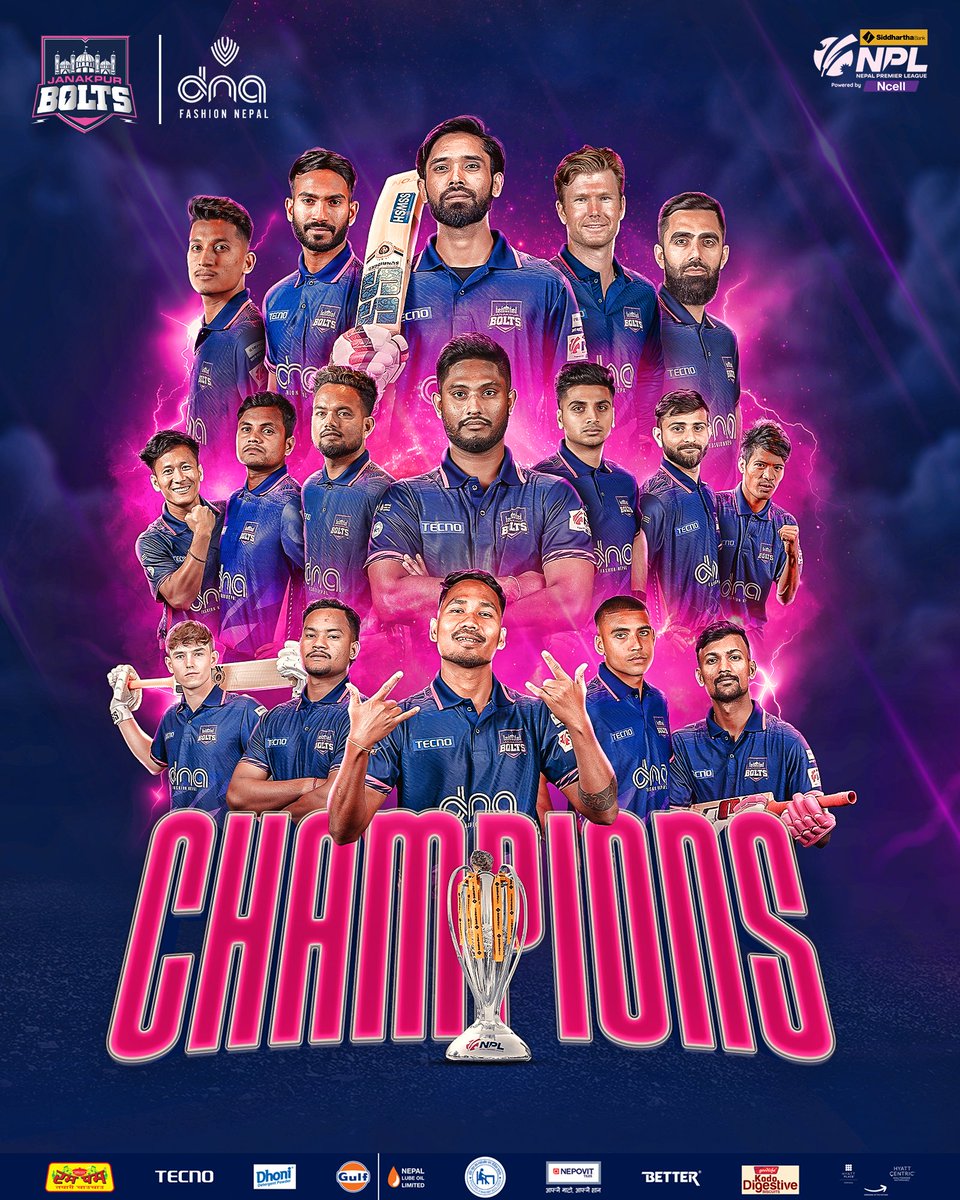 boltsjanakpur's tweet photo. We did it. We won. 

All the sweat. All the tears. The wins. The losses. The catches. The fours. The sixes. 

It all led to this.

We struck like lightning. We roared like thunder. We played like Bolts. 

We are the Janakpur Bolts, the champions of Nepal!!!!

#janakpurbolts #janakpurrising #NepalPremierLeague #kichhejanakpur #JittaiJanakpur