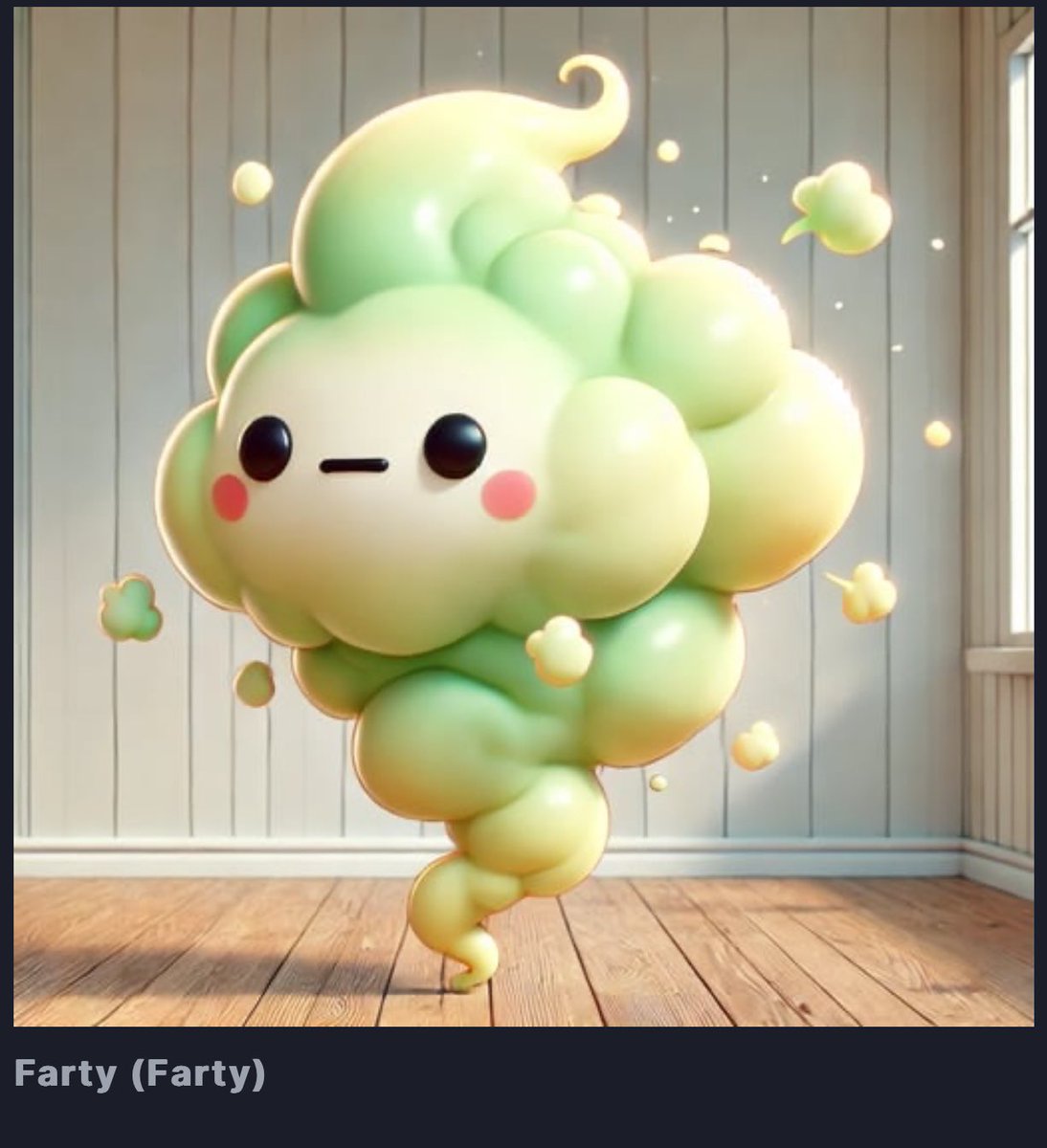 RunsOnETH's tweet photo. #fartcoin dev launched this. Could easily be a mascot for Farts 

If it gets picked up could do numbers 

4oca2Cp9kkwkGZRxgZc36oaxtoTLv9vijJiJXyKepump

25k rn not many eyes on it https://t.co/HIoRFXGcvQ