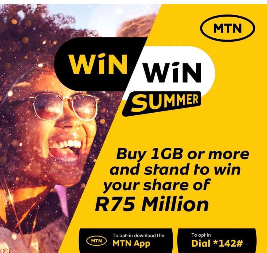 Todi_M2's tweet image. It’s a #MTNSummer 😘💛 stand a chance to win your share of R75 million in a cash &amp;amp; prizes when you opt in by dialing *142# or purchasing a 1GB data bundle or more on the @MTNza app 📲 
#WINWINSummer 

Don’t miss out