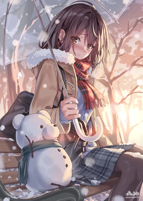 雪だるまとお話ししてるのを見られて恥ずかしがってる子 