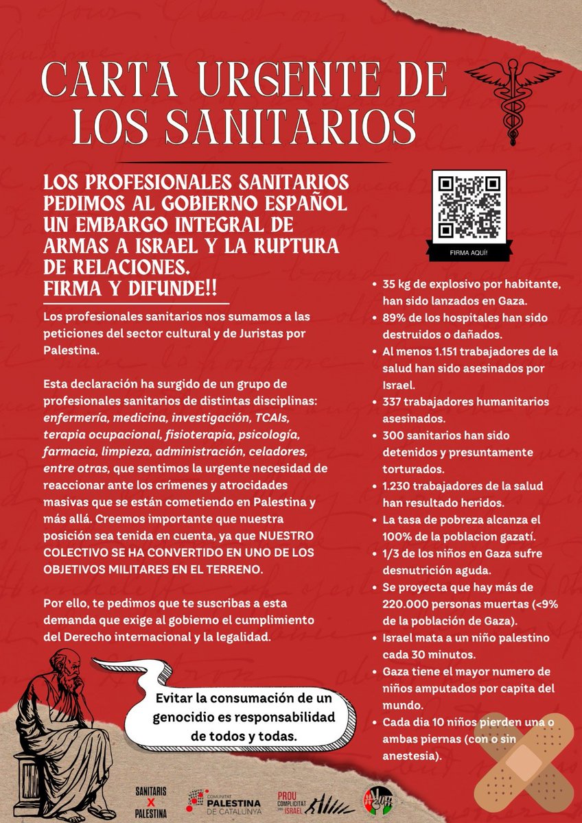Los profesionales sanitarios nos sumamos a las peticiones del sector cultural y de Juristas por Palestina, pidiendo a Pedro Sánchez un embargo integral de armas a Israel y la ruptura de relaciones.

Si eres profesional sanitario firma y difunde. 👇
docs.google.com/forms/d/e/1FAI…