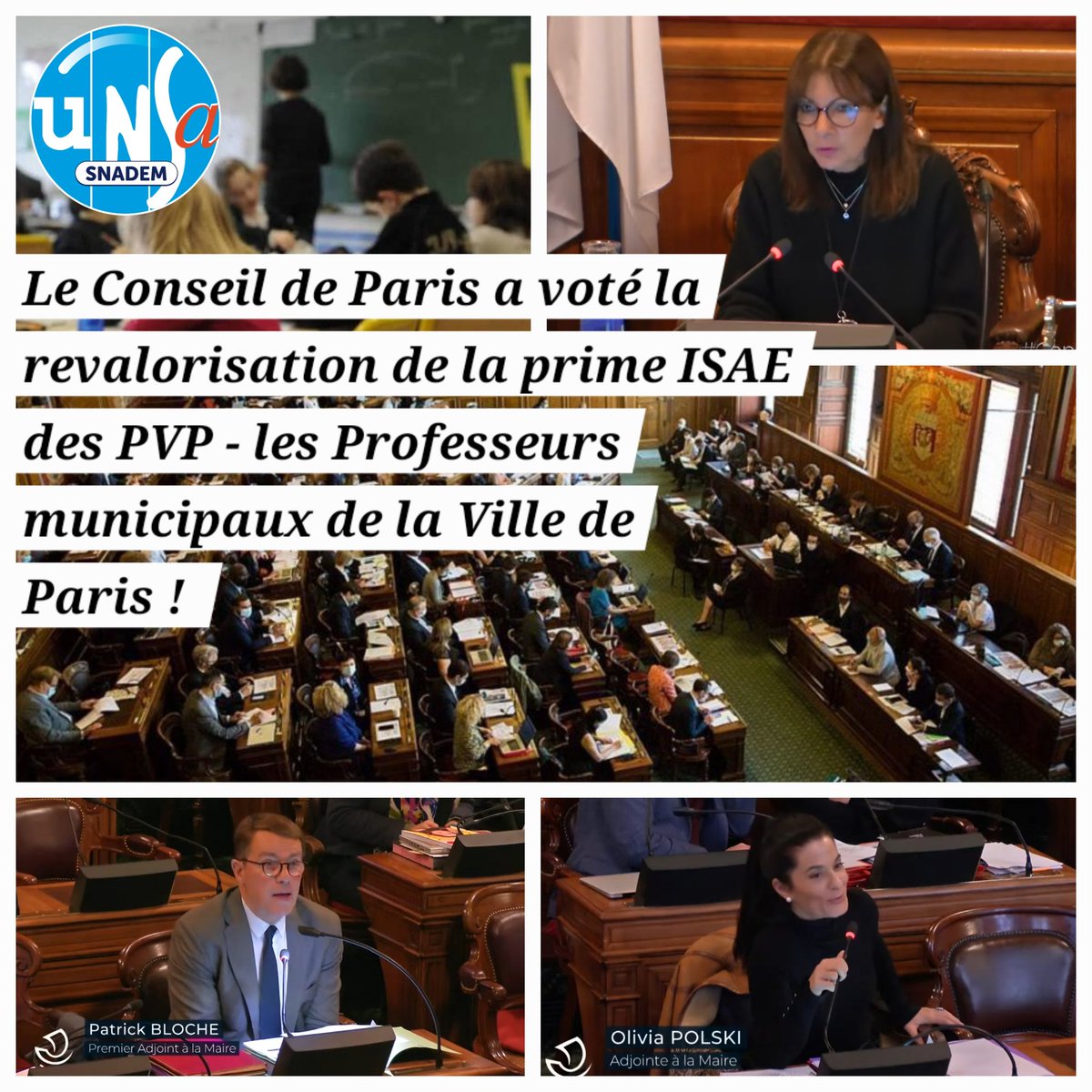 🔵Le #conseildeparis a voté cette semaine la revalorisation de la prime ISAE des Professeurs municipaux de la Ville de Paris qui enseignent les arts &amp;le sport ds les écoles élém parisiennes. Nous remercions l'exécutif parisien et l'ensemble des élu-es qui ont porté cette avancée.