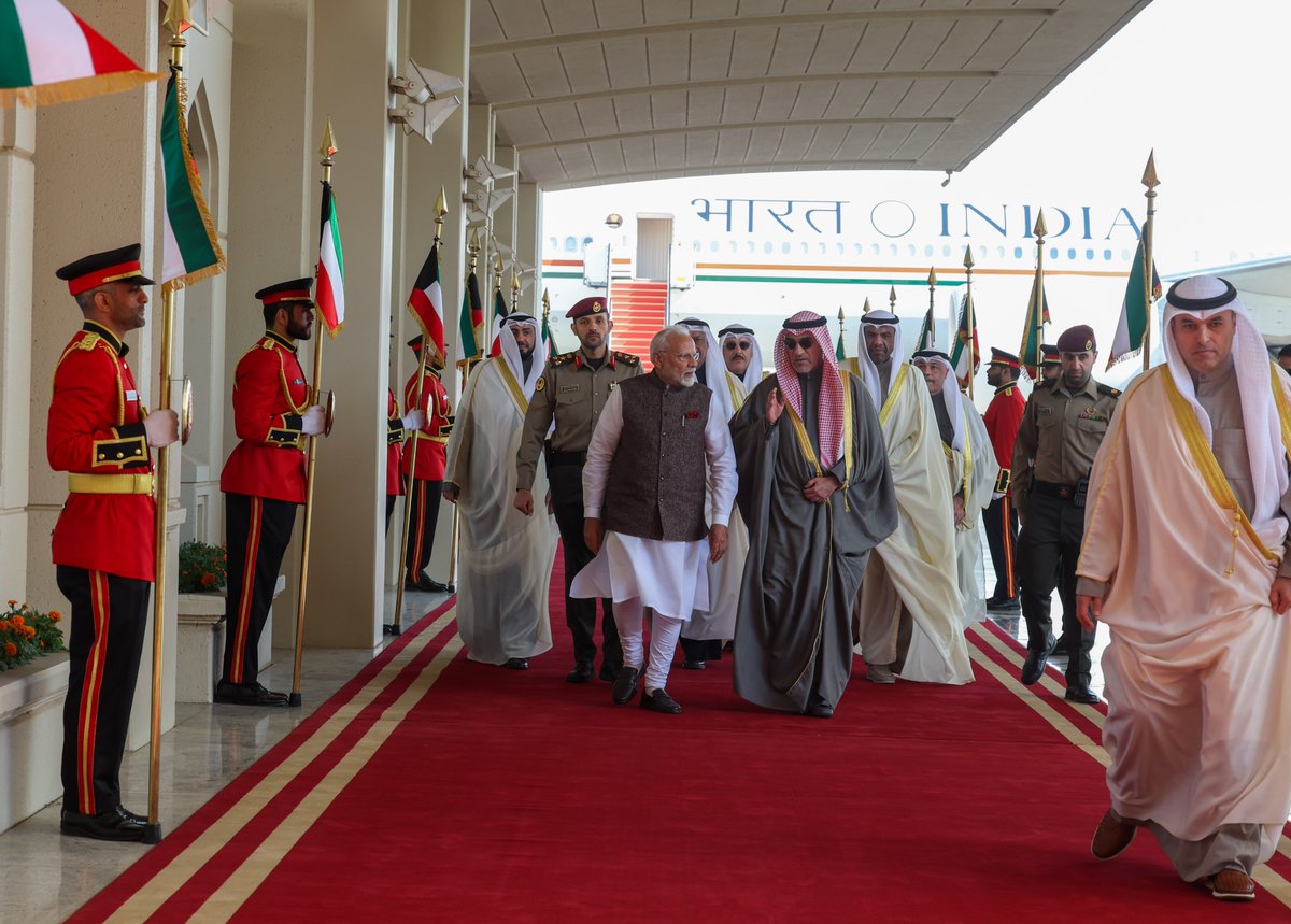BJP4India's tweet photo. Prime Minister Modi's arrival in Kuwait was met with a warm and enthusiastic welcome. 

This historic visit, the first by an Indian Prime Minister in 43 years, represents a significant opportunity to deepen and strengthen the enduring friendship between India and Kuwait across multiple sectors.