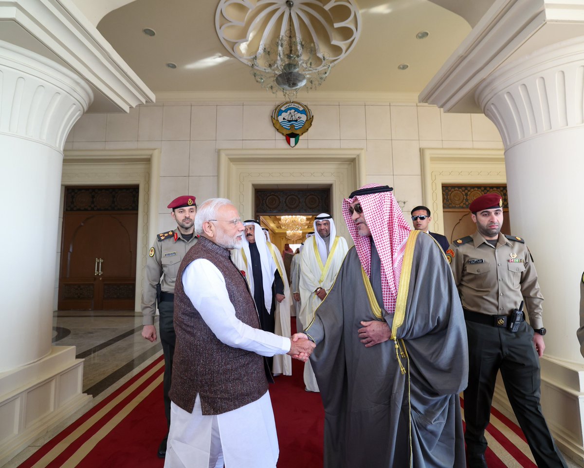 BJP4India's tweet photo. Prime Minister Modi's arrival in Kuwait was met with a warm and enthusiastic welcome. 

This historic visit, the first by an Indian Prime Minister in 43 years, represents a significant opportunity to deepen and strengthen the enduring friendship between India and Kuwait across multiple sectors.