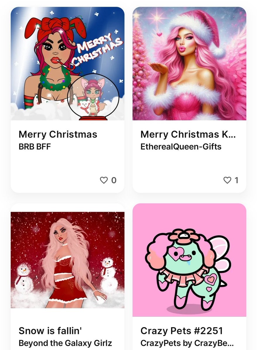 🎄 Christmas Gifts 🎁 

Thank you so much for these amazing gifts, I'm so blessed ☺️🌸

~BRB BFF &amp; Crazy Pets <a href="/CrazyBearsNFT/">CrazyBears</a> gifted by @loveejonesing 
~EtherealQueen by <a href="/Pinkdiamondmeta/">🌸EtherealQueen.eth🌸AKCB</a> 
~Snow is fallinn' by <a href="/GalaxygirlzNFT/">GALAXY GIRLZ | TIME TO EVOLVE</a> 

Love my Christmas gifts 🎁🎄😍✨