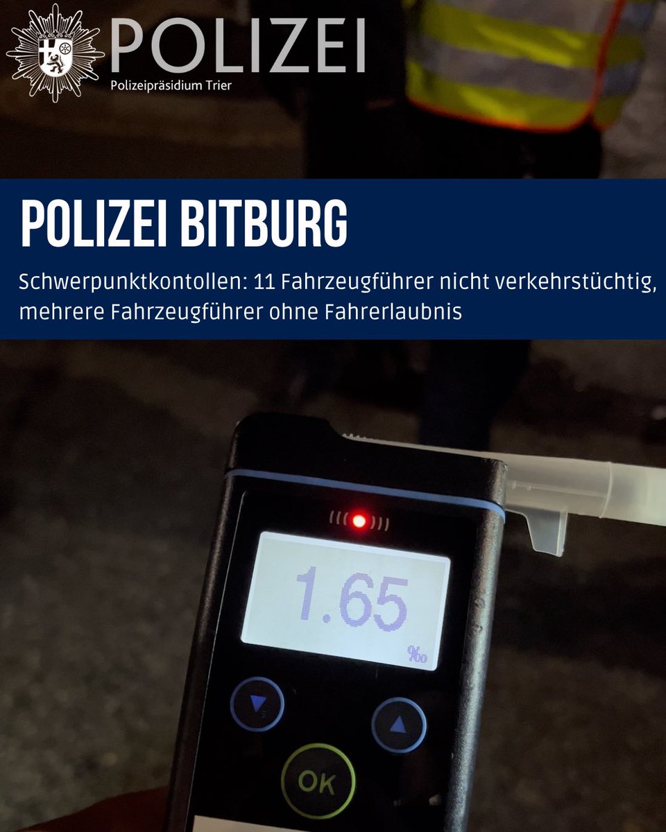 🟢 🚔 Die PI Bitburg führte gestern Abend wechselnden stationäre und mobile Verkehrskontrollen im Dienstgebiet durch.
Es wurde wieder einmal deutlich, wie viele sich fahruntüchtig hinters Steuer setzen und somit nicht nur das eigene, sondern auch das Leben vieler Unschuldiger