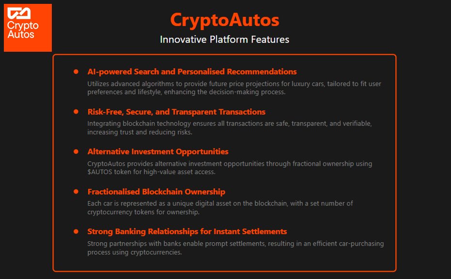 🏎️ 𝐂𝐫𝐲𝐩𝐭𝐨 𝐀𝐮𝐭𝐨𝐬 - 𝐏𝐥𝐚𝐭𝐟𝐨𝐫𝐦 𝐅𝐞𝐚𝐭𝐮𝐫𝐞𝐬 🏎️

🔸 AI-powered search provides future price predictions for luxury cars, personalizing recommendations based on your lifestyle

🔸 Blockchain technology ensures all transactions remain secure, transparent, and