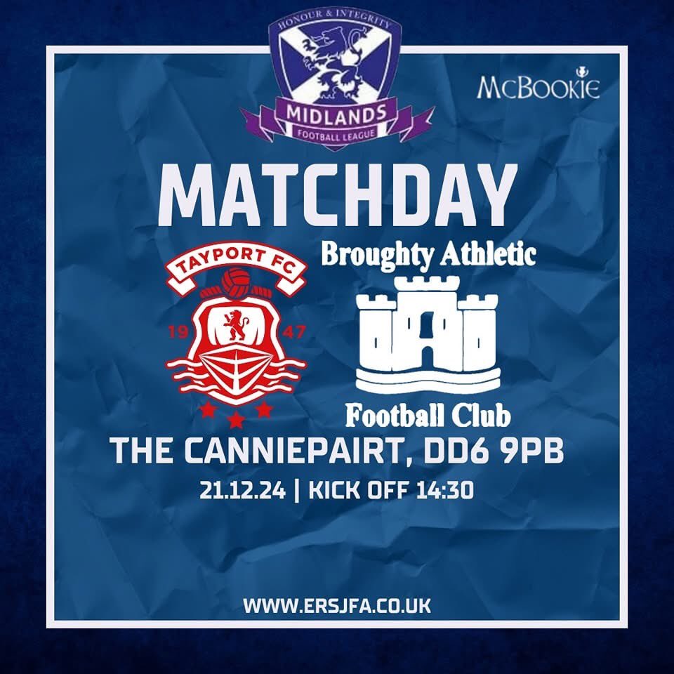 BroughtyAJFC's tweet image. ⚽️MATCHDAY

🆚 Tayport JFC
🏟️The Canniepairt
🗓️ Sat, Dec 21
🎟️ £6/£3 concessions

#BATAY #MidlandsLeague #MontheFed🏰