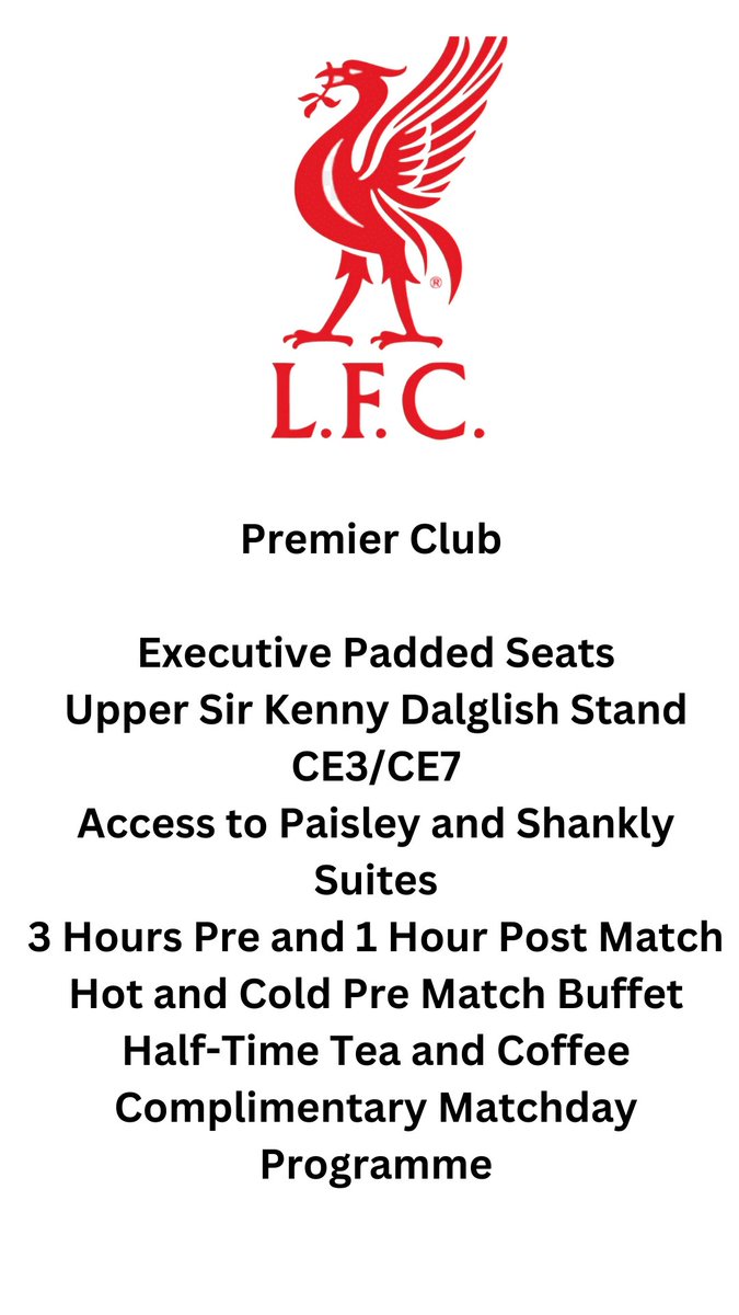 AdamWarne27's tweet photo. Liverpool v Leicester City

PREMIER LEAGUE
26/12/2024
8pm Kick Off
Anfield

🎫 Premier Club Hospitality @ £225 each

WhatsApp - https://t.co/n8qsA8TADr

📧Ducktalesanddreams22@gmail.com  

#LFC #lfc #LFCSpares #LiverpoolFC #Liverpool #liverpooltickets https://t.co/yy8nKao3JB