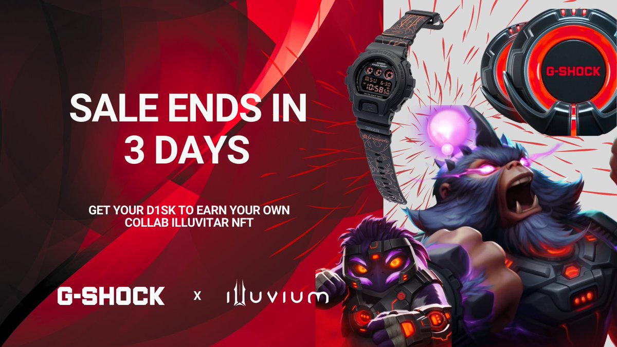 🚨 3 DAYS LEFT: Illuvium x G-SHOCK Wave 3 🚨 

What’s in the G-SHOCK D1SK Pack? 
• 1 G-SHOCK-themed Illuvitar 
• 1 Rare Wave 3 Illuvitar (≥1450 score) 
• 3 Accessories  

💰 Price: $35 USD (or ETH), with gas-free transactions on Immutable X Layer 2 
🚀 Start collecting now →
