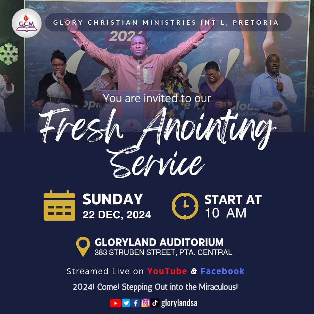 glorylandsa's tweet photo. Don’t miss our Fresh Anointing Service this Sunday 🎉🎊🎉🎉 

 Venue: 383 Struben Street, PTA Central.
 You can also join the service live on YouTube: https://t.co/41ZFJdHOfi &amp; Facebook:https://t.co/HS5CaWIJtN

See you there!❤️
#GlorylandSA #Come #SteppingOutIntoTheMiraculous https://t.co/CDi4xxNPBv