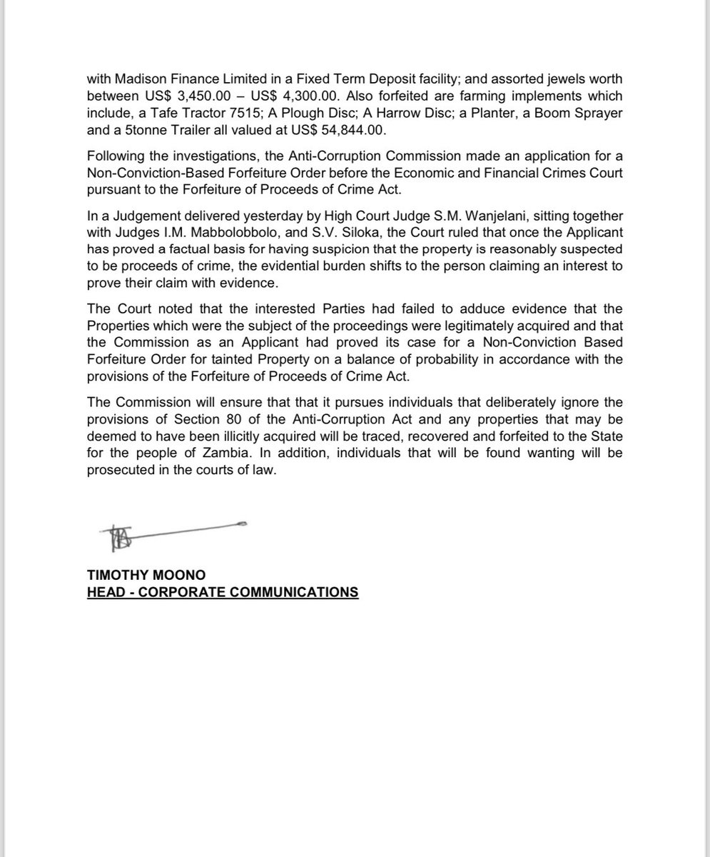 FAITH MUSONDA’S K21 MILLION PROPERTIES FORFEITED TO STATE

The Economic and Financial Crimes Court has forfeited to the State Faith Musonda’s properties worth over K21,000,000 which were reasonably suspected to be proceeds of crime. 

Click on the attached link to download the