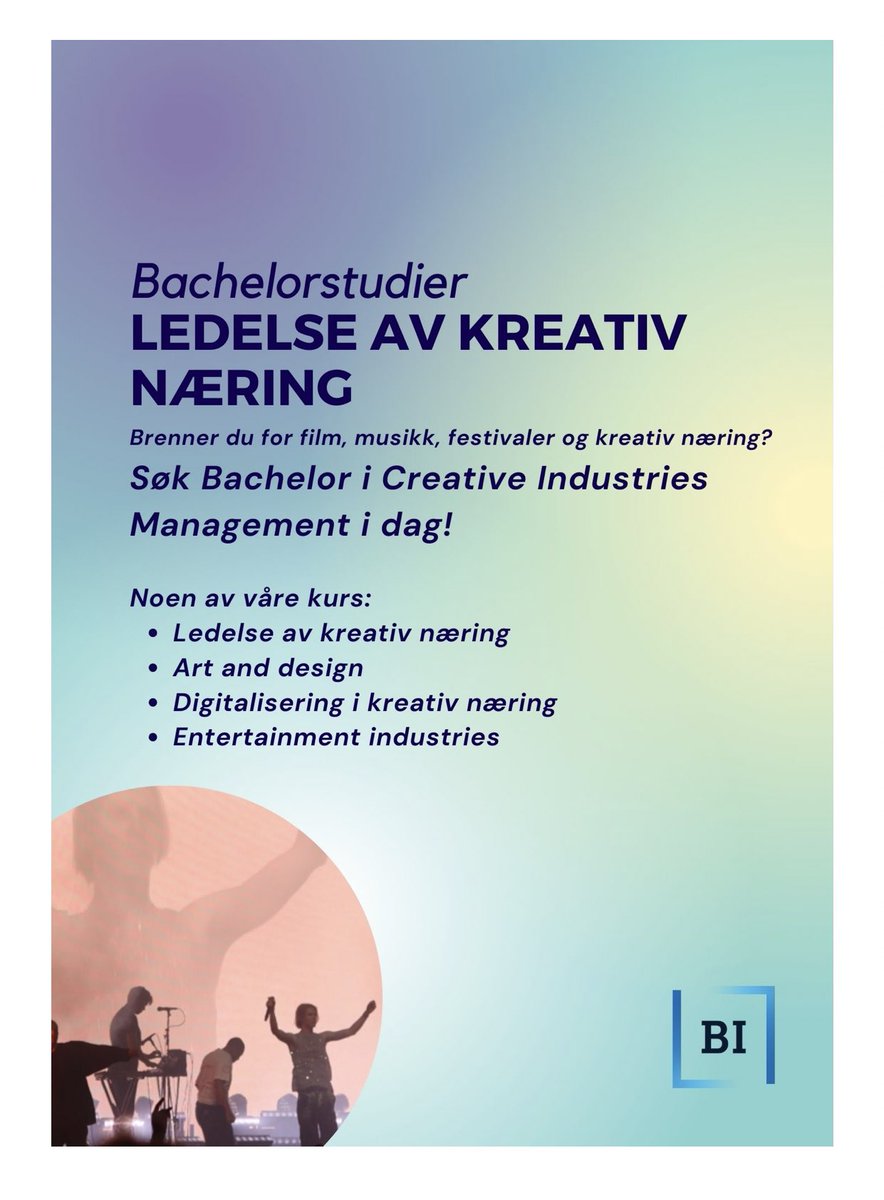 Allerede nå er det mulig å søke bachelor-programmet vårt. Det passer for kultur- og medieinteresserte som kan tenke seg å jobbe med ledelse, kreative kompetanser, kultursponsing, markedsføring, strategi,kulturbasert reiseliv mm. #utdannelse #kreativnæring bi.no/studier-og-kur…