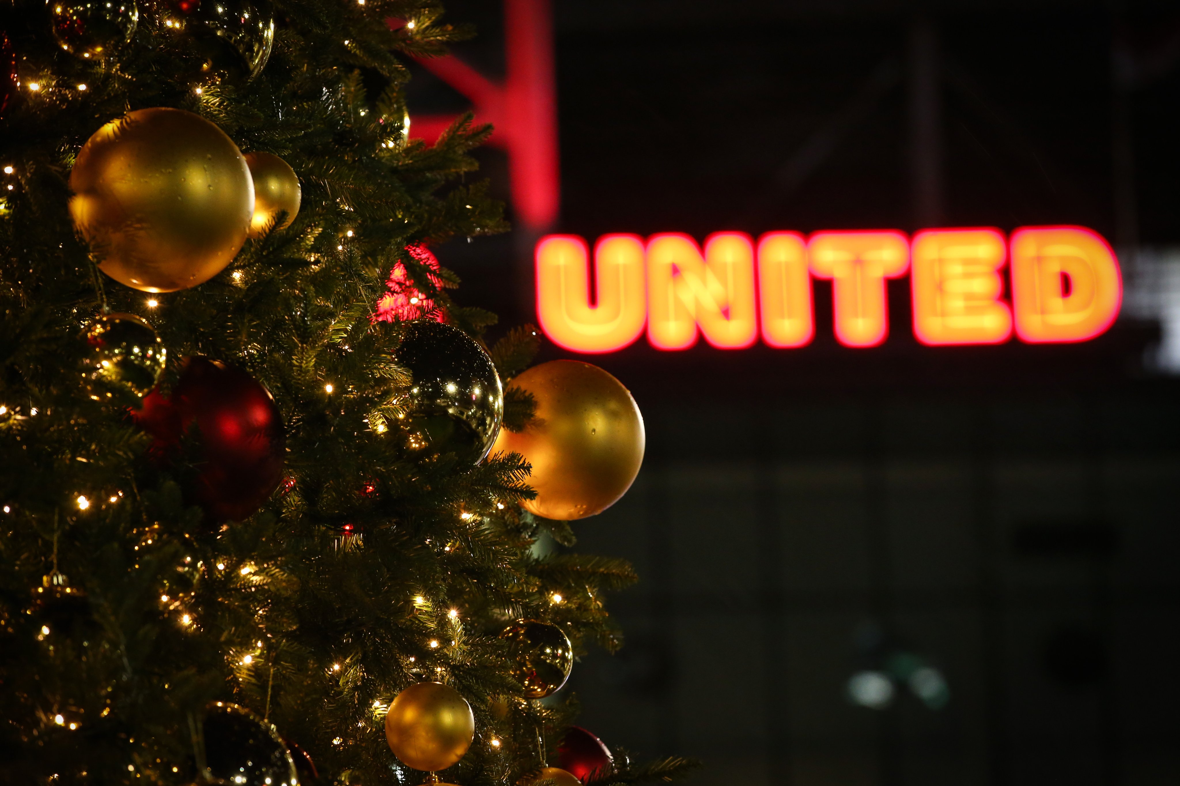 A close up image of the Christmas tree outside Old Trafford.