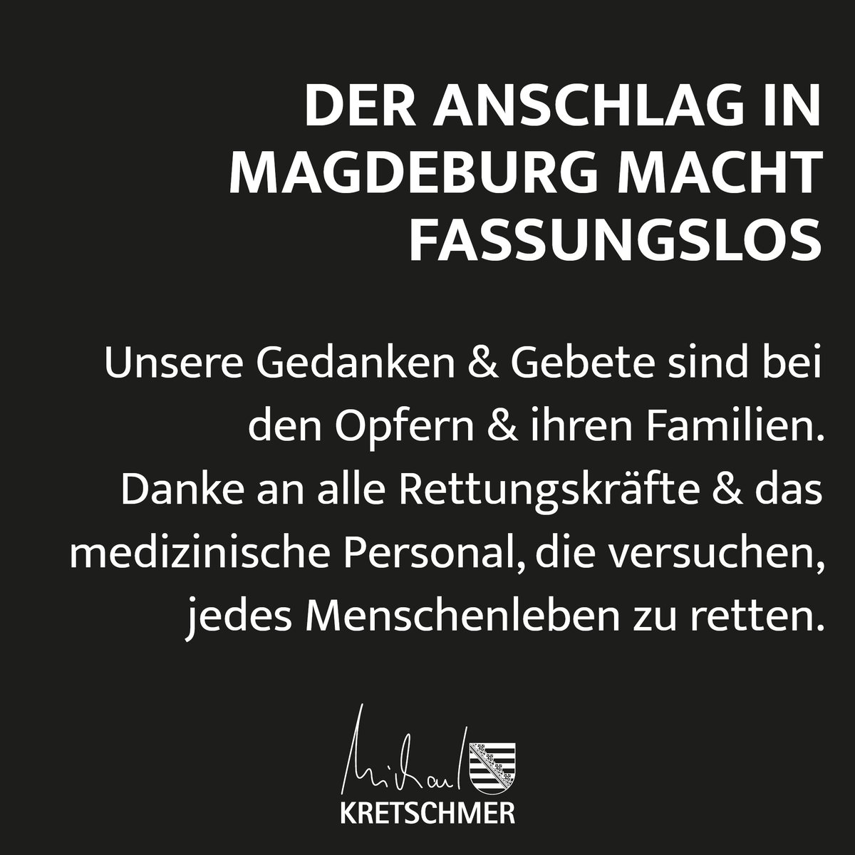 Der Anschlag in #Magdeburg macht fassungslos. Unsere Gedanken und Gebete sind bei den Opfern und ihren Familien. Danke an alle Rettungskräfte und das medizinische Personal, die versuchen, jedes Menschenleben zu retten.
