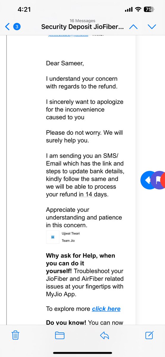 Sameer_the1's tweet photo. @JioCare What is this ? Your email that confirms the refund. https://t.co/o0Y0AP9wGB