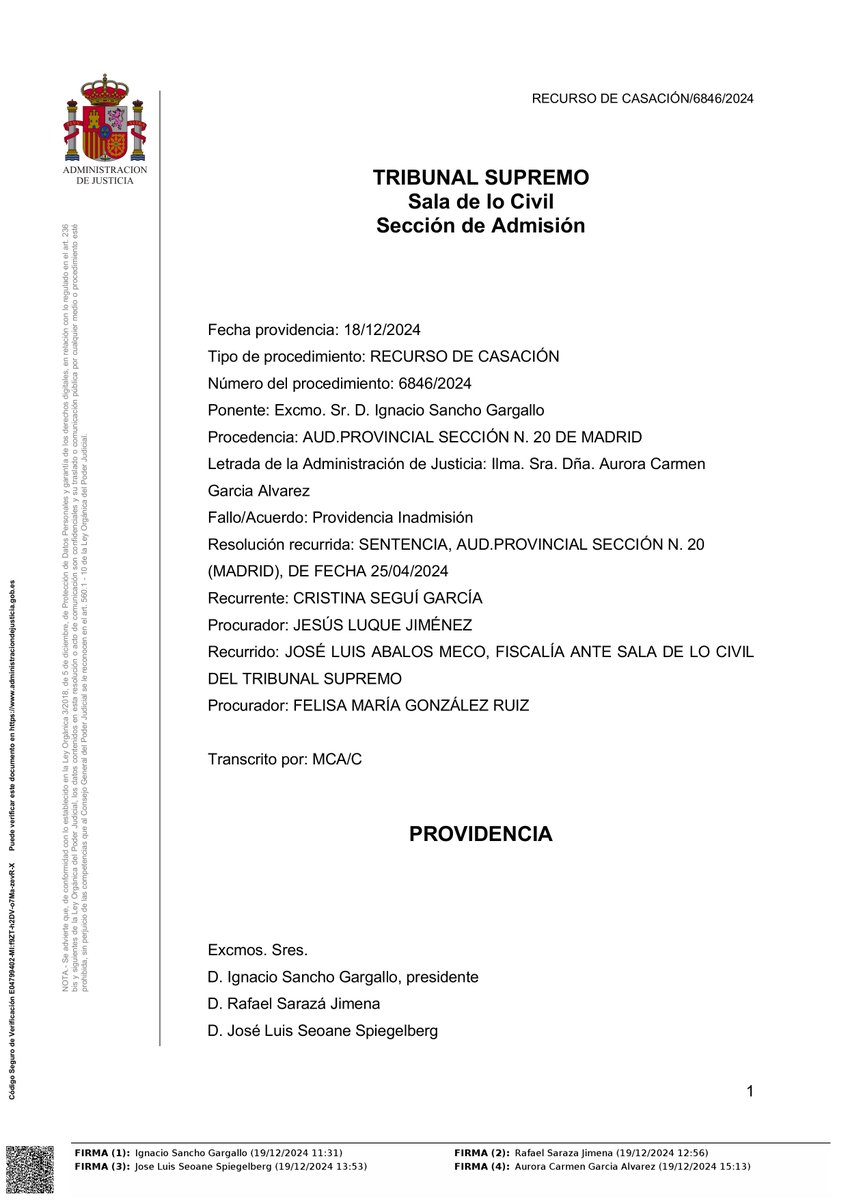 Acaban de notificarme que el Tribunal Supremo ha inadmitido a trámite el recurso de casación interpuesto por Cristina Seguí con condena en costas, contra la sentencia del Juzgado 46 de Madrid estimatoria y confirmada por la Audiencia Provincial de Madrid, por tanto, ya firme.