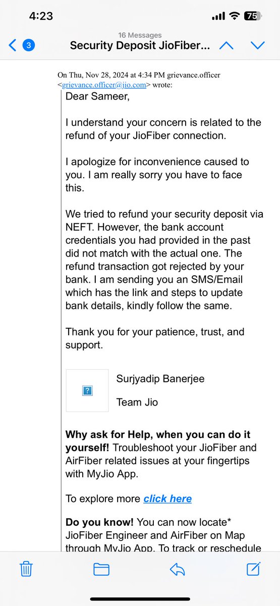Sameer_the1's tweet photo. @JioCare What were you trying to refund if I was not eligible???? https://t.co/qa0CkoHC37