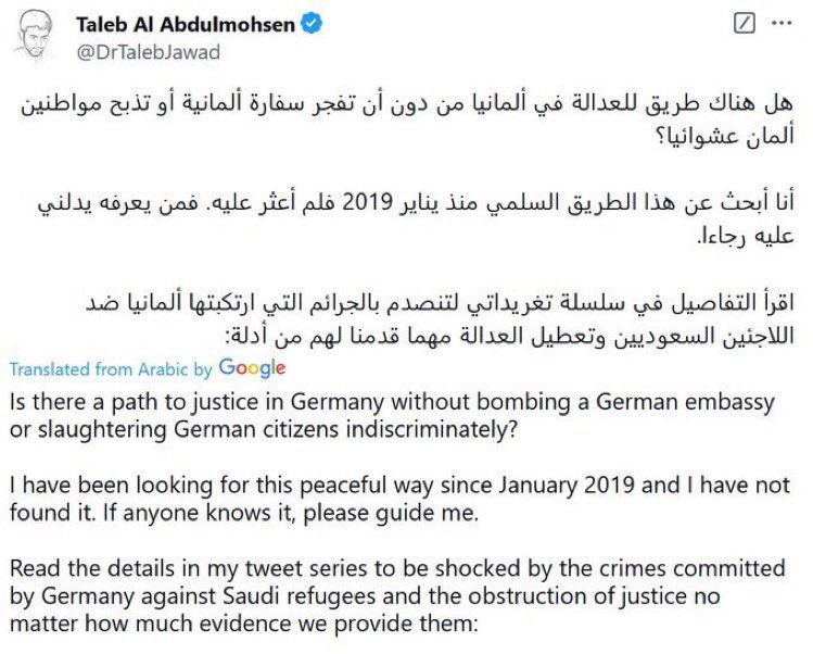 🇩🇪 | El terrorista saudí de Magdeburgo, activista pro-inmigración, estaba frustrado porque Alemania no acepte a aún más refugiados de países musulmanes.

En 𝕏 expresa repetidamente su odio hacia los alemanes y su deseo de «castigarles».

Ha sido un ataque contra los alemanes.