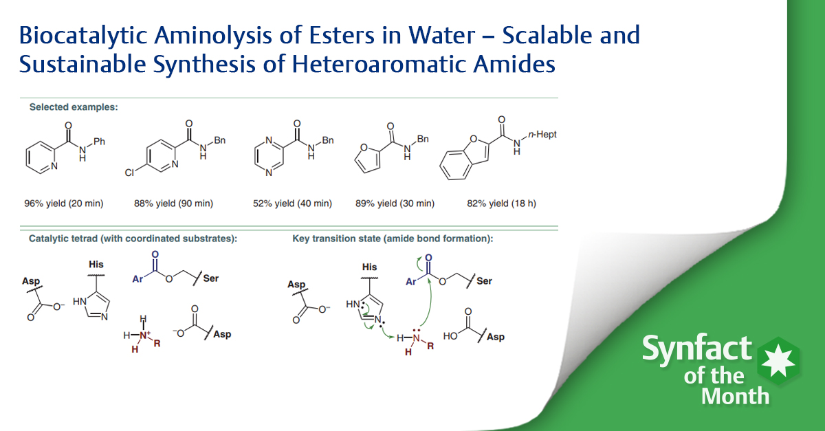 Chemistry at Thieme (@thiemechemistry) on Twitter photo ❇️ In this Synfact of the Month <a href="/ben_list/">Ben List</a> (<a href="/ListLaboratory/">AK List</a>) from <a href="/maxplanckpress/">Max Planck Society</a> highlighted the ´Biocatalytic Aminolysis of Esters in Water – Scalable and Sustainable Synthesis of Heteroaromatic Amides` by Kroutil W. and co-workers. 😀 
👉 brnw.ch/21wPzjg ❇️ In this Synfact of the Month <a href="/ben_list/">Ben List</a> (<a href="/ListLaboratory/">AK List</a>) from <a href="/maxplanckpress/">Max Planck Society</a> highlighted the ´Biocatalytic Aminolysis of Esters in Water – Scalable and Sustainable Synthesis of Heteroaromatic Amides` by Kroutil W. and co-workers. 😀 
👉 brnw.ch/21wPzjg