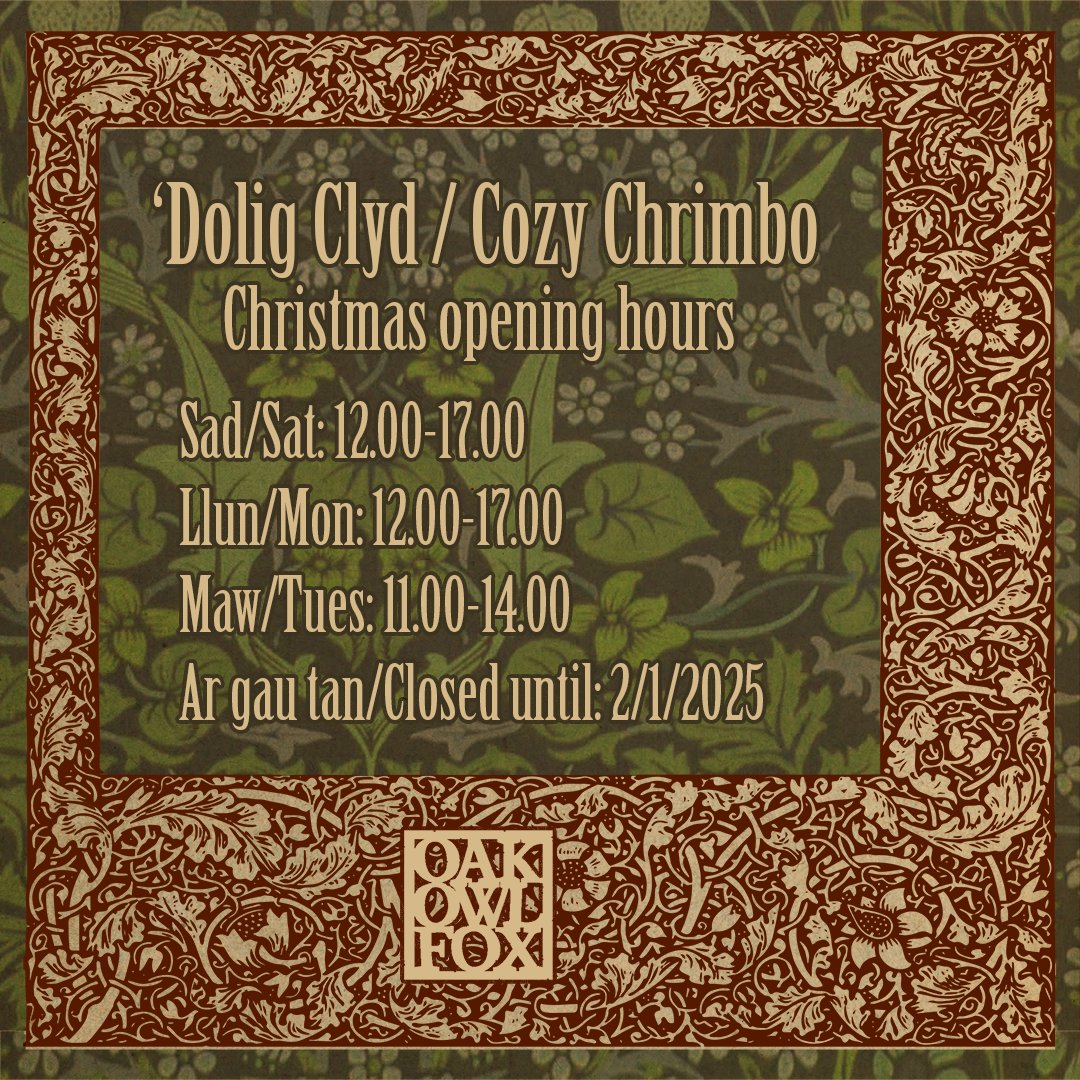 oakowlfox
𝐆𝐞𝐭 𝐲𝐨𝐮𝐫 𝐥𝐚𝐬𝐭 𝐛𝐢𝐭𝐬 𝐢𝐧 𝐟𝐨𝐫 𝐚 '𝐃𝐨𝐥𝐢𝐠 𝐂𝐥𝐲𝐝/𝐂𝐨𝐳𝐲 𝐂𝐡𝐫𝐢𝐦𝐛𝐨!
We're open today, Mon and Christmas Eve.
Stock up on candles, serviettes, deccys and find those last few presents.
#nadoligllawen #Llanrwst #conwyvalley #northwalesbusiness